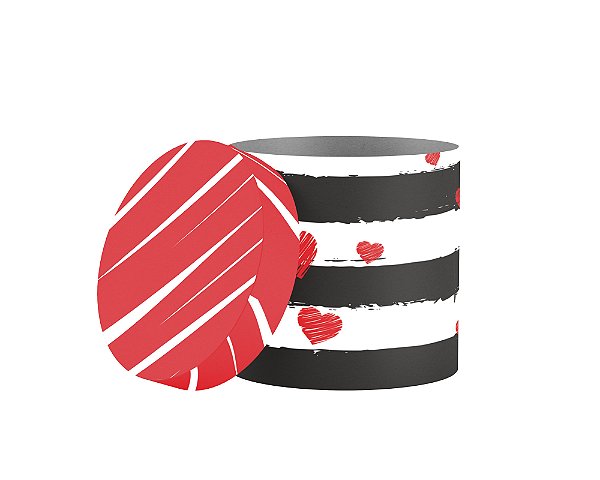 caixa redonda estampada vermelha e preta com coração
