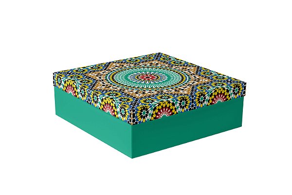 Caixa Cartonada Quadrada Mandala Verde Lateral com 21 e 22 cm diversas alturas
