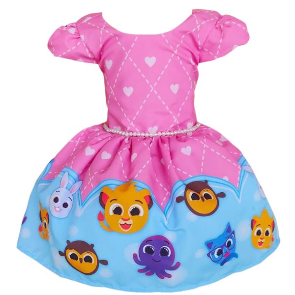 Vestido Temático Super Luxo Bichinhos Fofos Azul e Rosa