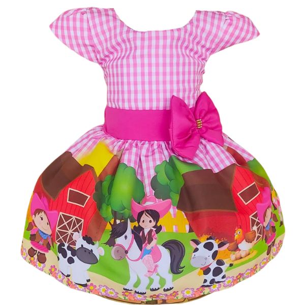 Vestido Temático Super Luxo Fazendinha Xadrez