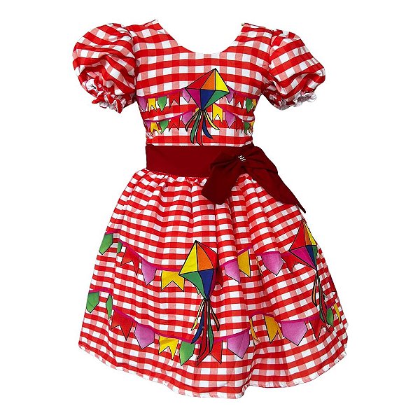 Vestido Festa Junina São João Quadrilha Caipira Xadrez Vermelho Alaranjado