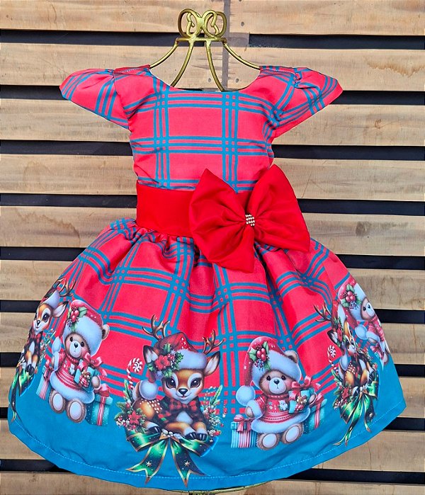 Vestido Natal Natalino Xadrez Luxo Temático Infantil Festa