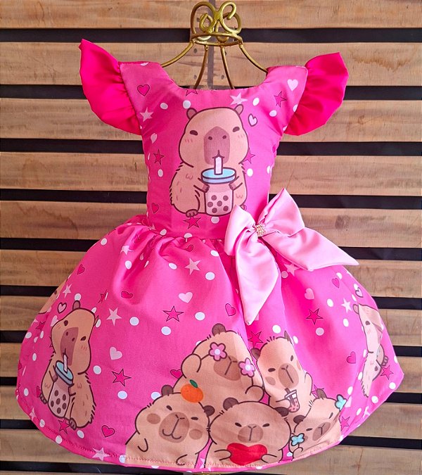 Vestido Capivara Pink Luxo Temático Infantil Festa