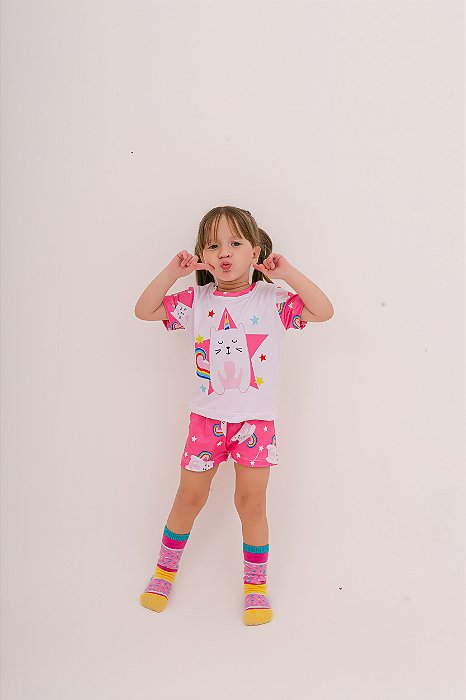 Pijama Infantil Curto Gatinha Unicórnio Verão Macio Leve