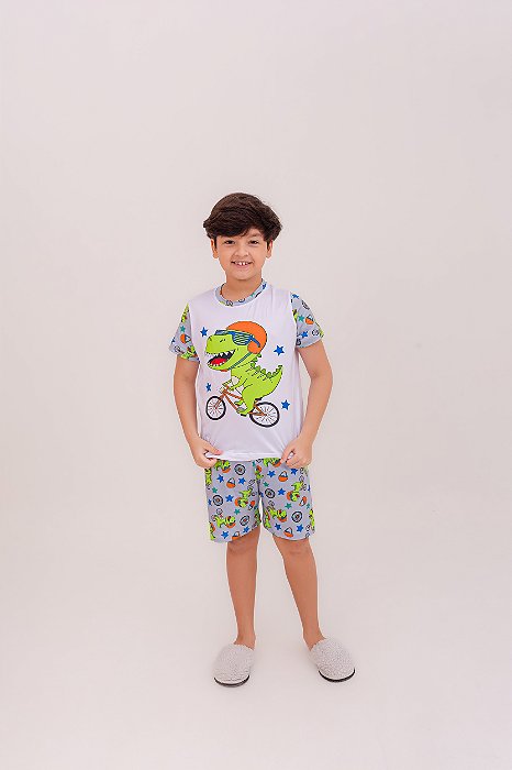 Pijama Infantil Curto Dinossauro Dino Bike Verão Macio Leve