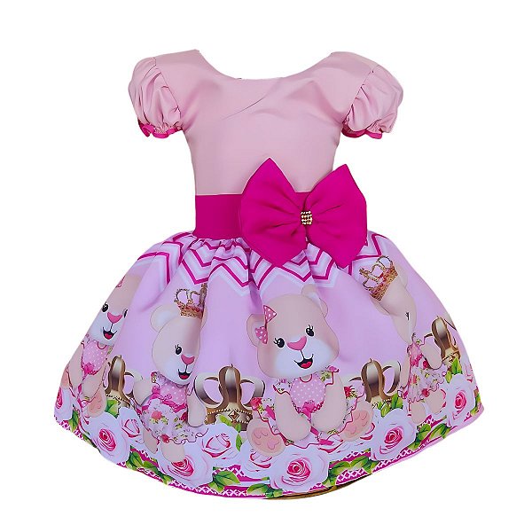 Vestido Ursinha Princesa Rosa Temático Infantil Festa Laço