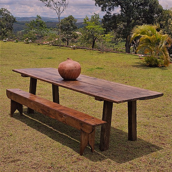 Mesa de Jantar Cavalete em Madeira Rústica, Séc. XX - 86x287cm (L x C)