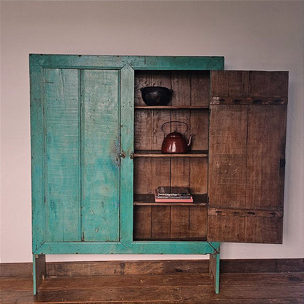 Armário Rústico Policromado Verde e Azul, Séc XIX - 160x33x202cm