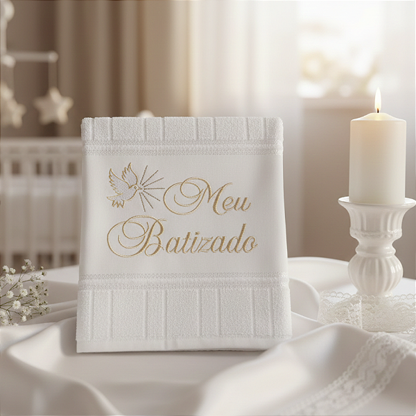 Toalha de Batizado branca com "Meu Batizado" bordado