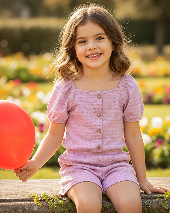 Macacão Infantil Feminino Curto Meia Malha Trabalhada 48824