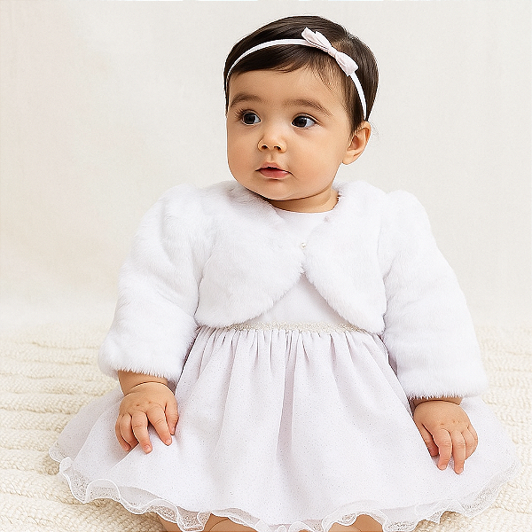 Vestido Bebê Batizado bordado perolas Bolero Pelo 064