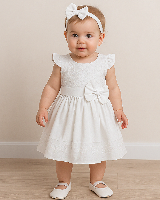 Vestido Bebê Batizado  Renda e Strass com Faixa Cabelo 206