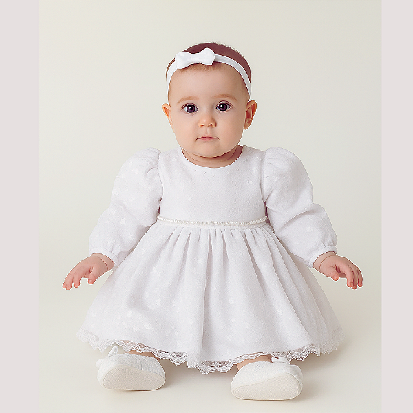 Vestido Bebê Batizado Tule com Pérolas Manga Longa 129