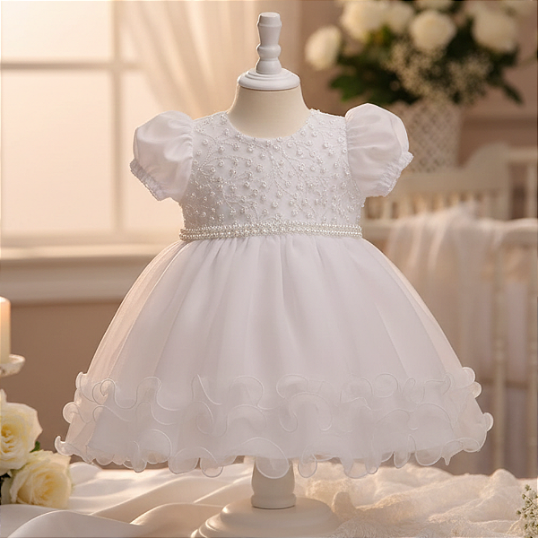 Vestido Bebê Batizado Tule com Pérolas manga Curta 086