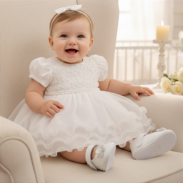 Vestido Batizado Bebê Manga Curta Tule com Pérolas 086