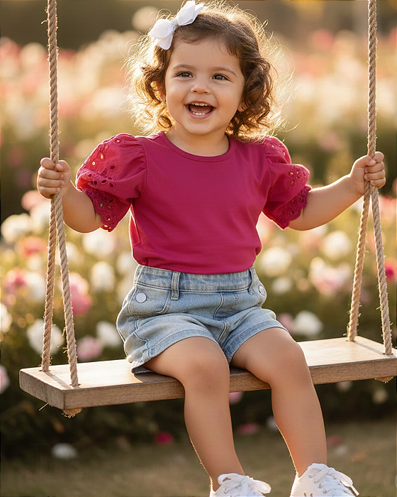 Blusa Infantil Feminina em Cotton com Mangas Bordadas 11554