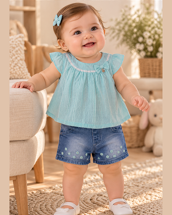 Conjunto Bebê Feminino Bata e Shorts Paraíso 13977