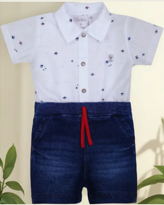 Macacão Bebê Masculino Curto Estampado e Jeans Paraiso 15471