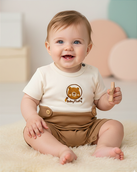 Macacão Bebê Masculino Curto Suedine Botões Bordado 1505