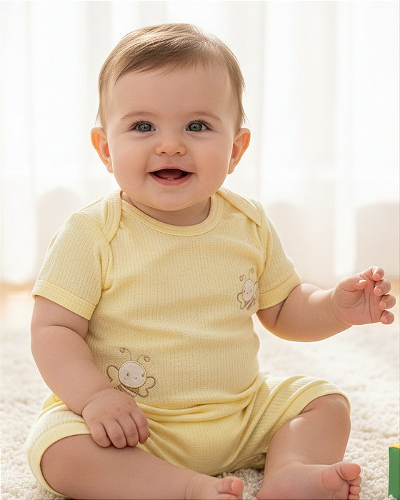 Macacão Bebê Unissex Curto Malha Trabalhada Bordado Letut 16558