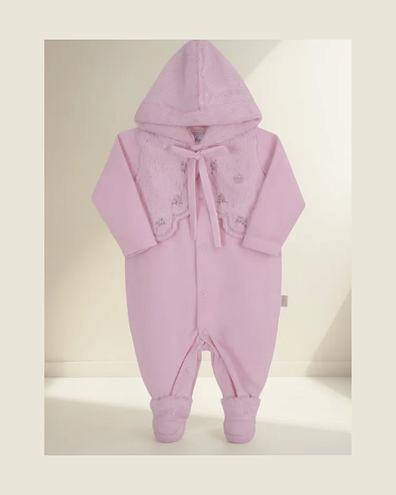 Macacão Bebê Feminino Longo Plush Capuz Bordad Paraiso 14521
