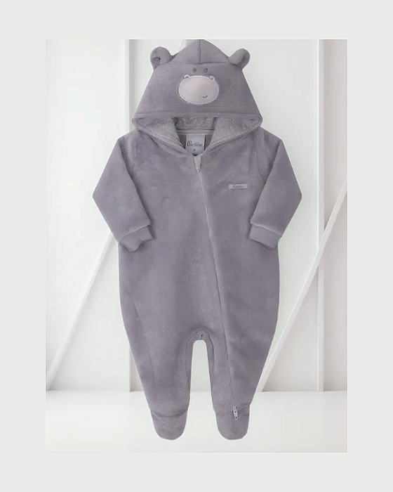 Macacão Bebê Masculino Longo Pelo Capuz Zíper Bordado 14526