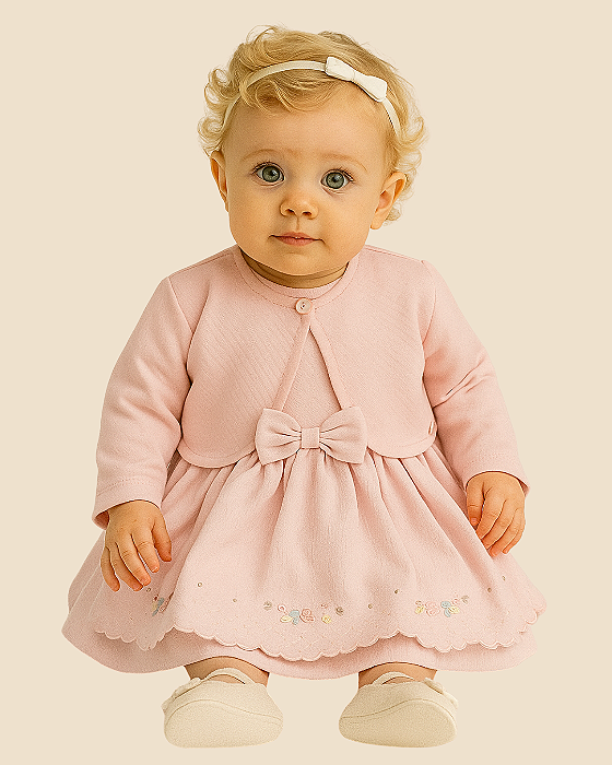 Vestido Bebê Regata com Bordado Bolero Suedine Paraiso 17848