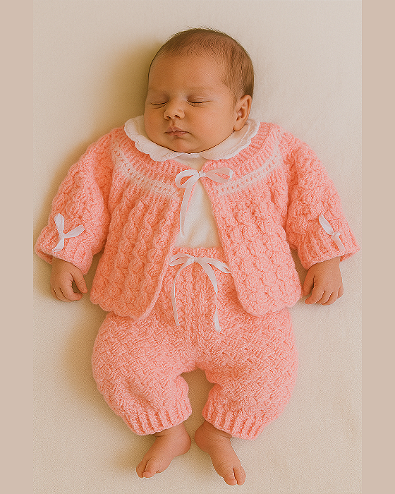 Conjunto Bebê Feminino Crochê Lã Artesanal Linha Encanto FL