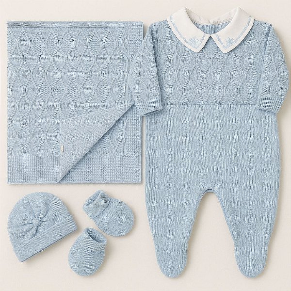 Saída Maternidade Masculina Trico Azul 5 Pçs Bebê Tricot 203