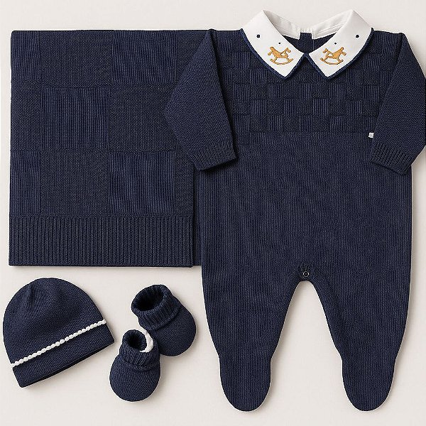 Saída Maternidade Masculina Trico Marinho 5P Bebê Tricot 204