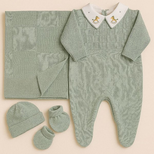 Saída Maternidade Masculina Trico Verde 5Pç Bebê Tricot 204