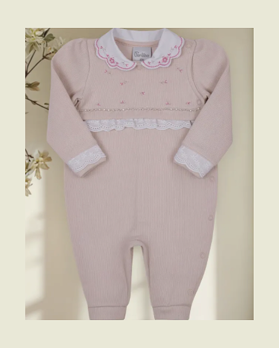 Macacão Bebê Feminino Longo Tricozinho Bordado Paraíso 1385