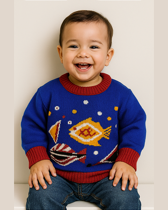 Blusa Bebê Masculino Tricô Estampa Peixes Pitti Bimbo