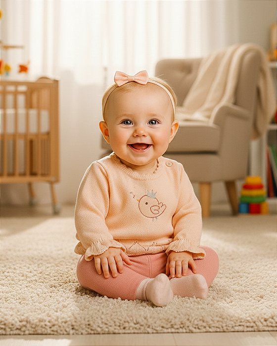Blusa Bebê Feminina Tricô Pássaro Rosa Fofinho 3508