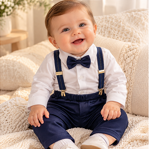 Conjunto Batizado Bebê Camisa Calça Suspensório Gravata 190