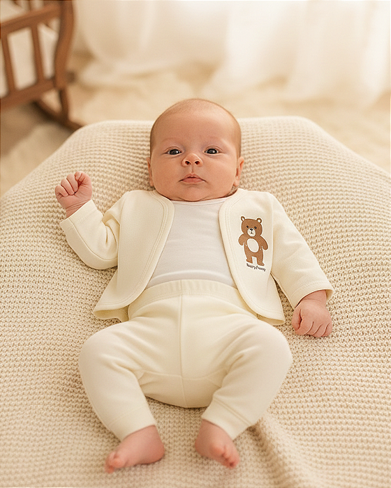 Conjunto Bebê Unissex 3 Peças Algodão Baby Fluffy Creme 7015