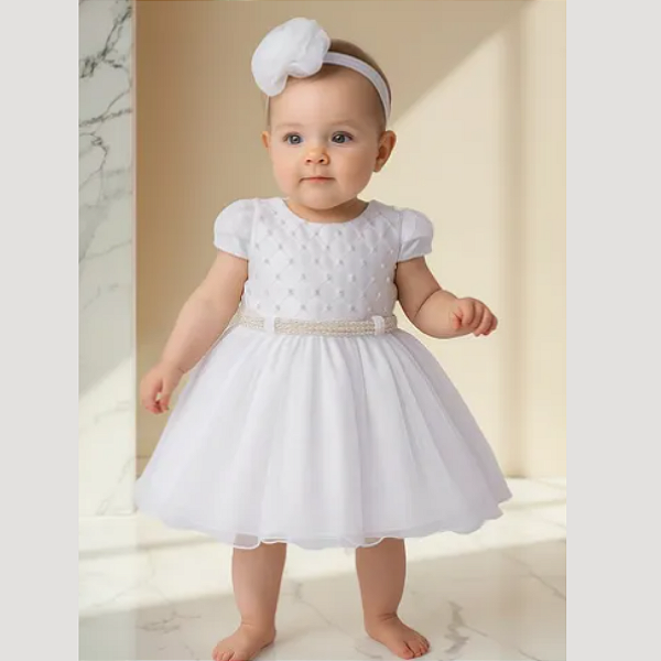 Vestido Batizado Bebê Tule Pérolas Branco Luxo 077