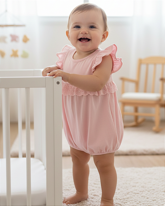 Macacão Bebê Feminino Curto Malha com Renda PB 48606