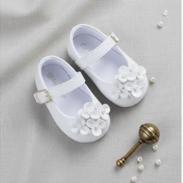 Sapatilha Bebê Feminina Verniz Branca Flores Keto Baby 1279