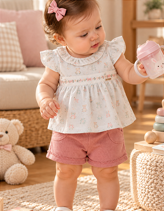 Conjunto Bebê Feminino Blusa Estampada Shorts Paraíso 18711