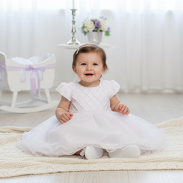 Vestido Bebê Batizado Pérolas e Tule manga curta Losango 91