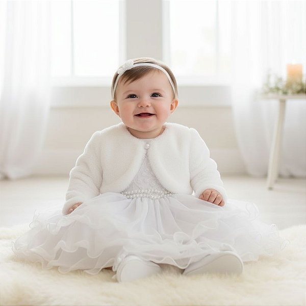 Vestido Bebê Batizado bordado perolas, tule e Bolero Pelo 88