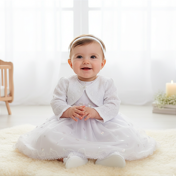 Vestido Bebê Batizado perolas tule e Bolero Coração 90