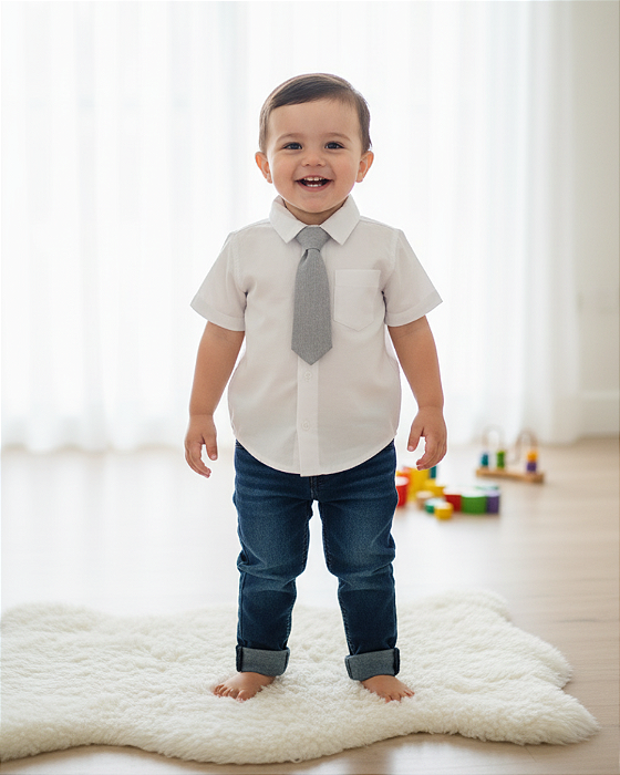 Conjunto Bebê Masculino Camisa Gravata e Calça Jeans Strech