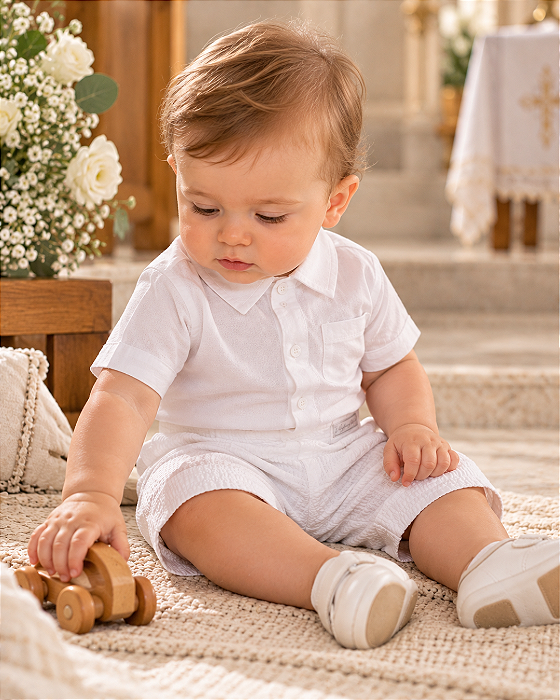 Conjunto Bebê Masculino Camisa e Shorts Texturizados Branco