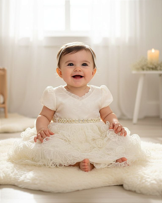 Vestido Bebê armação tule Renda e Pérolas Off White 204279
