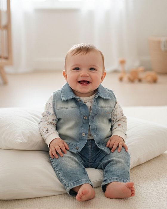 Conjunto Bebê Masculino Longo Jeans com Body Estampado 12287