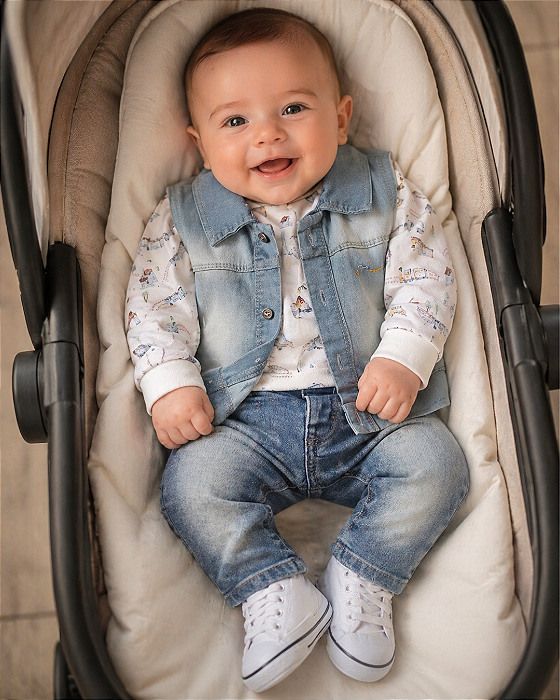 Conjunto Bebê Masculino Longo Jeans com Body Estampado 12287
