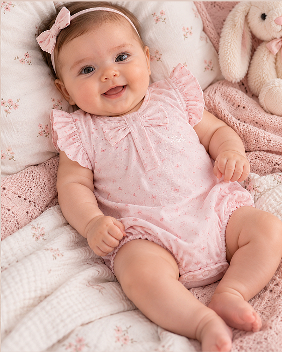 Macacão Bebê Feminino Curto com Babadinhos Laço Letut 18253