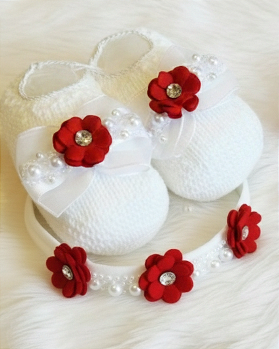 Kit Bebê Feminino Sapatinho e Faixa com Laço e Pérolas Luxo